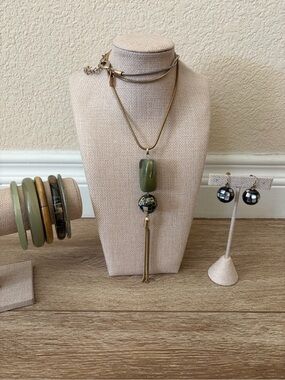 Chico's Gold-Tone Olive Green Pendant Tassel Necklace, earrings & bracelets